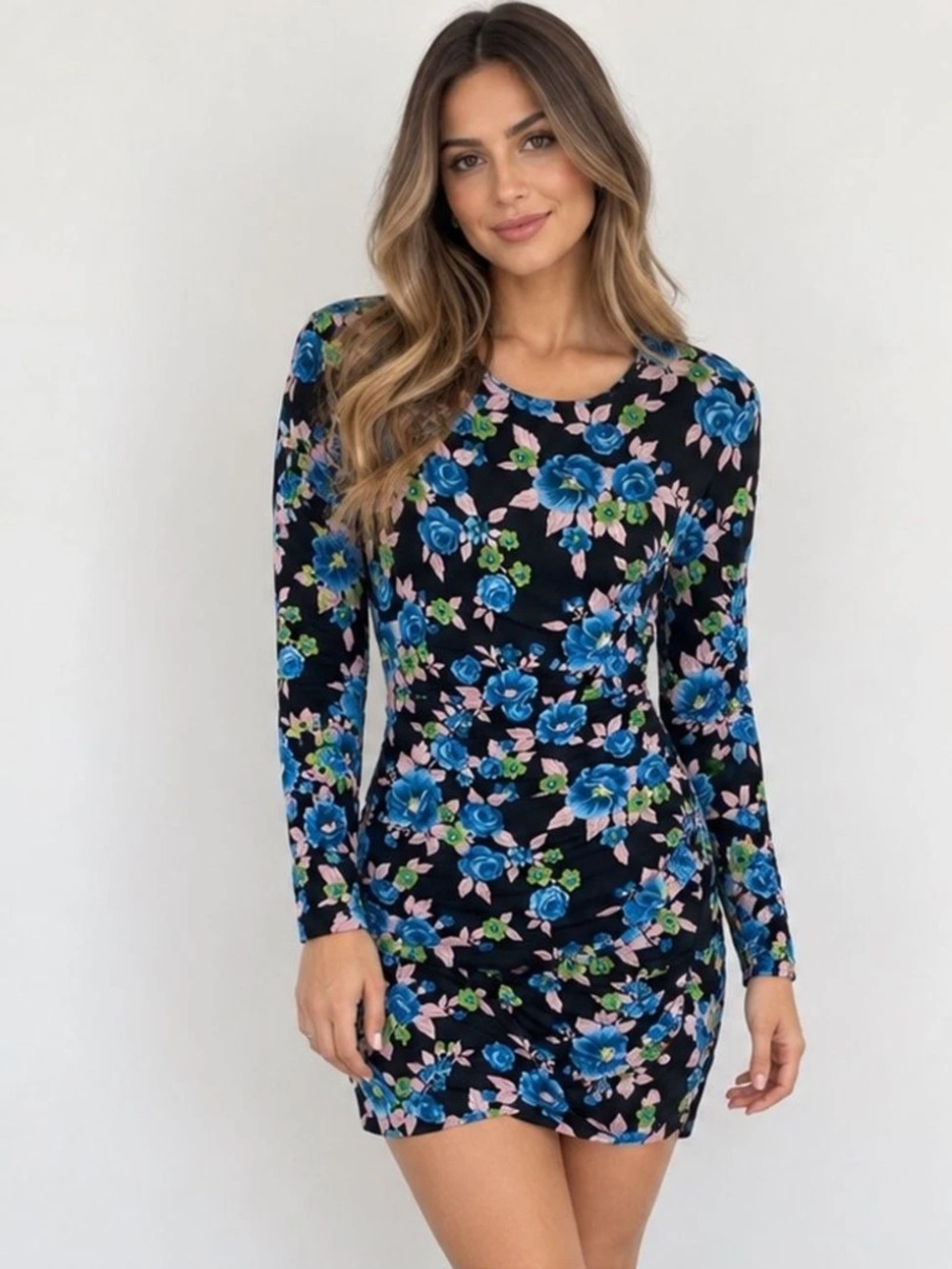 Zara Floral Open Back Bodycon Mini Dress Long Sleeve Black Blue sz Small